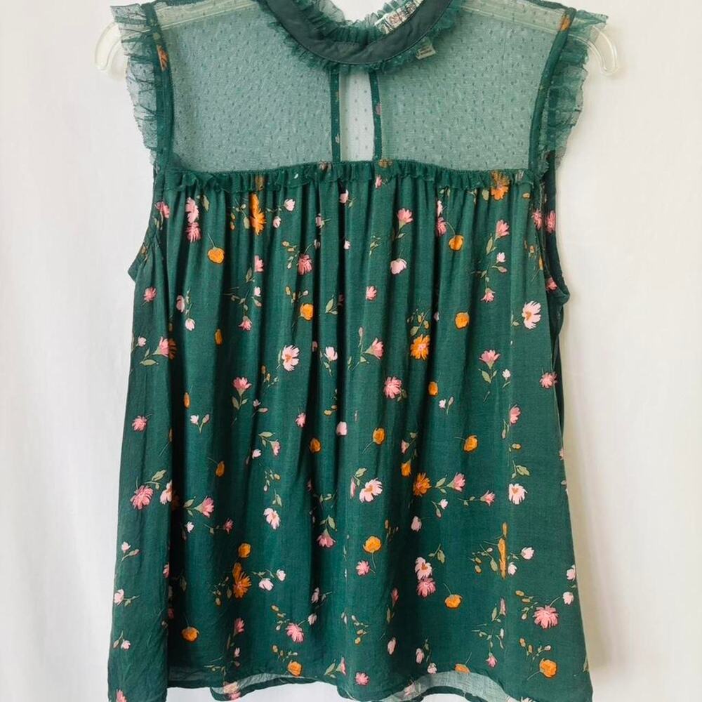 Floral Mesh Yoke Babydoll Blouse Emerald Green Ruffle Top L